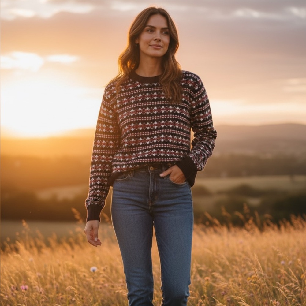 Vintage Boat House Row Large Sweater FairIsle Blue Tan Crew Pullover Long Sleeve